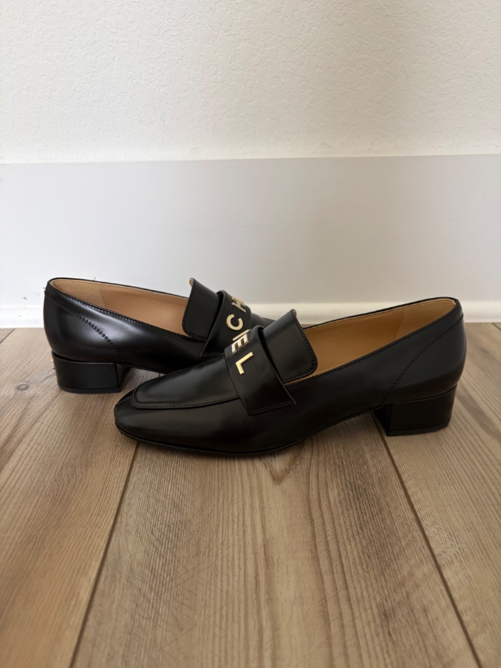 CHANEL Shiny Calfskin Logo Loafers - Picture 3 of 8